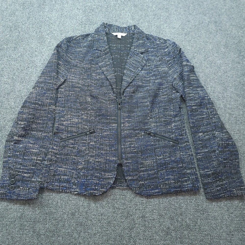 Cabi Women Blue White Space Dye Tweed Zip Front Blazer Jacket Style 723 Size 10